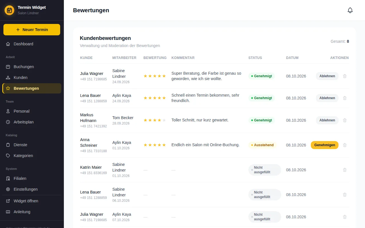 Liste der Kundenbewertungen mit Sternen, Status und Aktionen