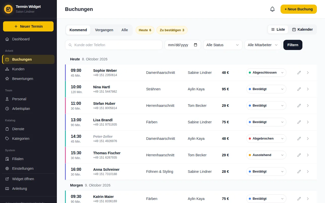 Buchungsliste mit Filtern und Status je Termin