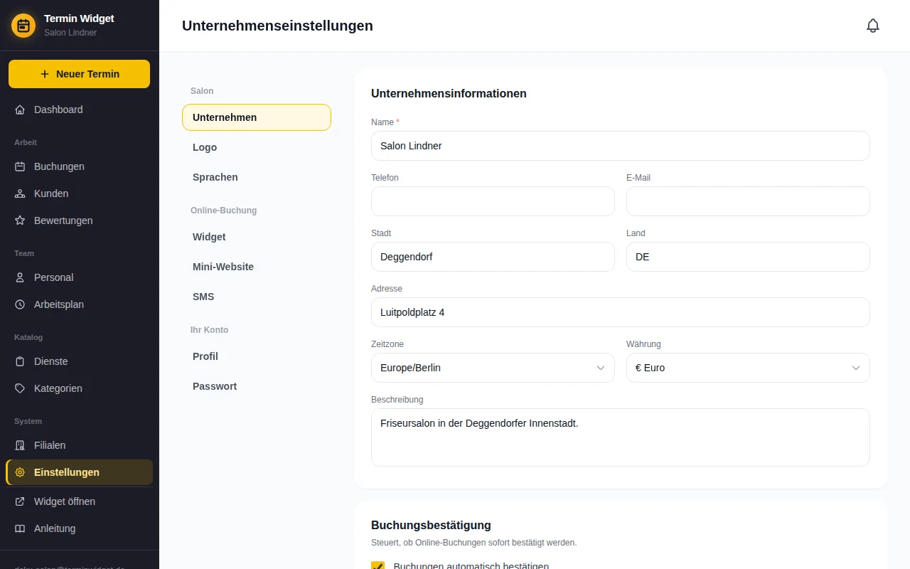 Unternehmenseinstellungen mit Name, Adresse und Zeitzone