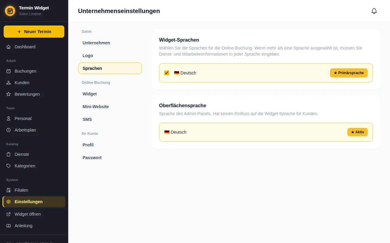 Spracheinstellungen für Widget und Oberfläche