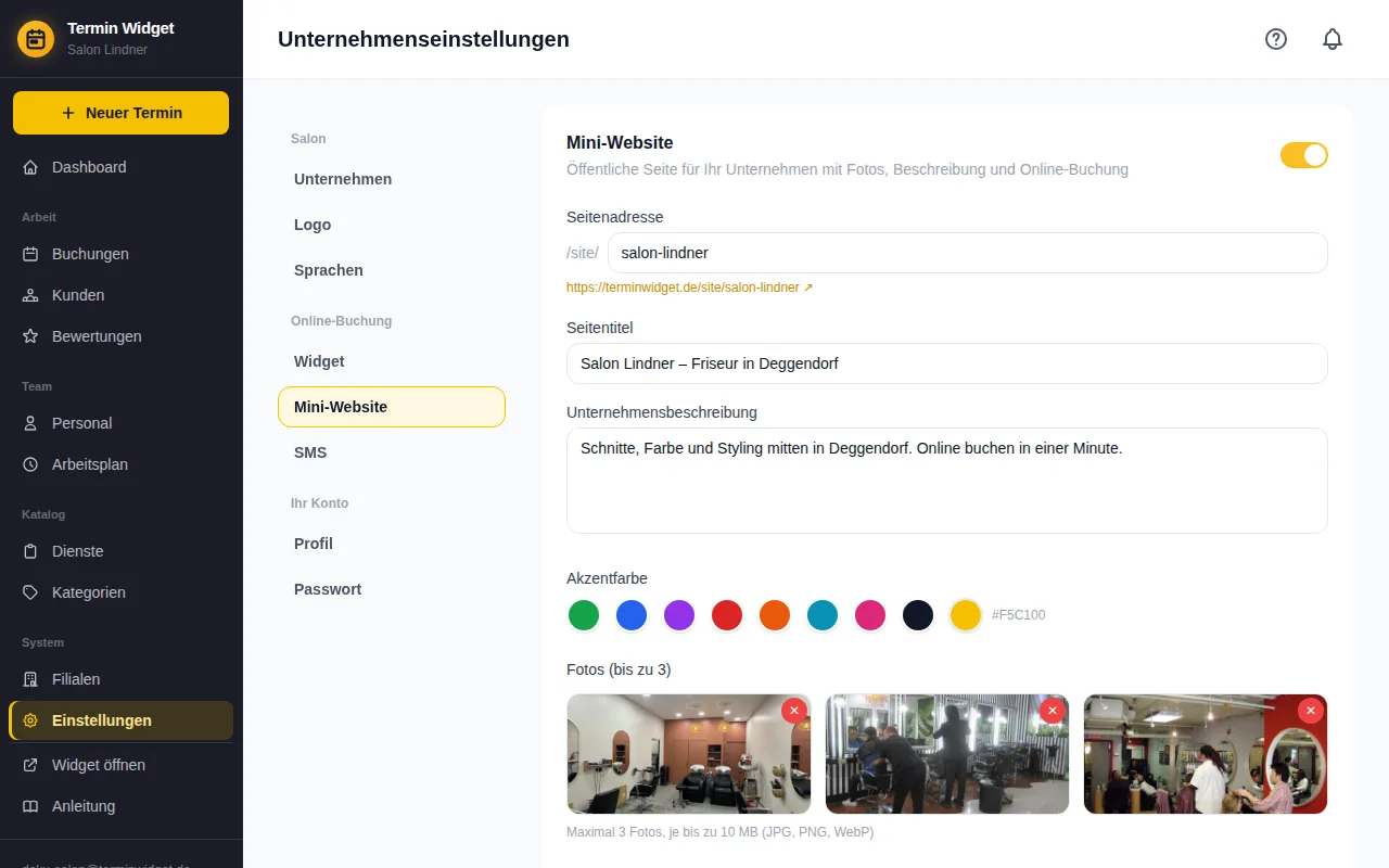 Einstellungen der Mini-Website mit Adresse, Titel, Farbe und Fotos