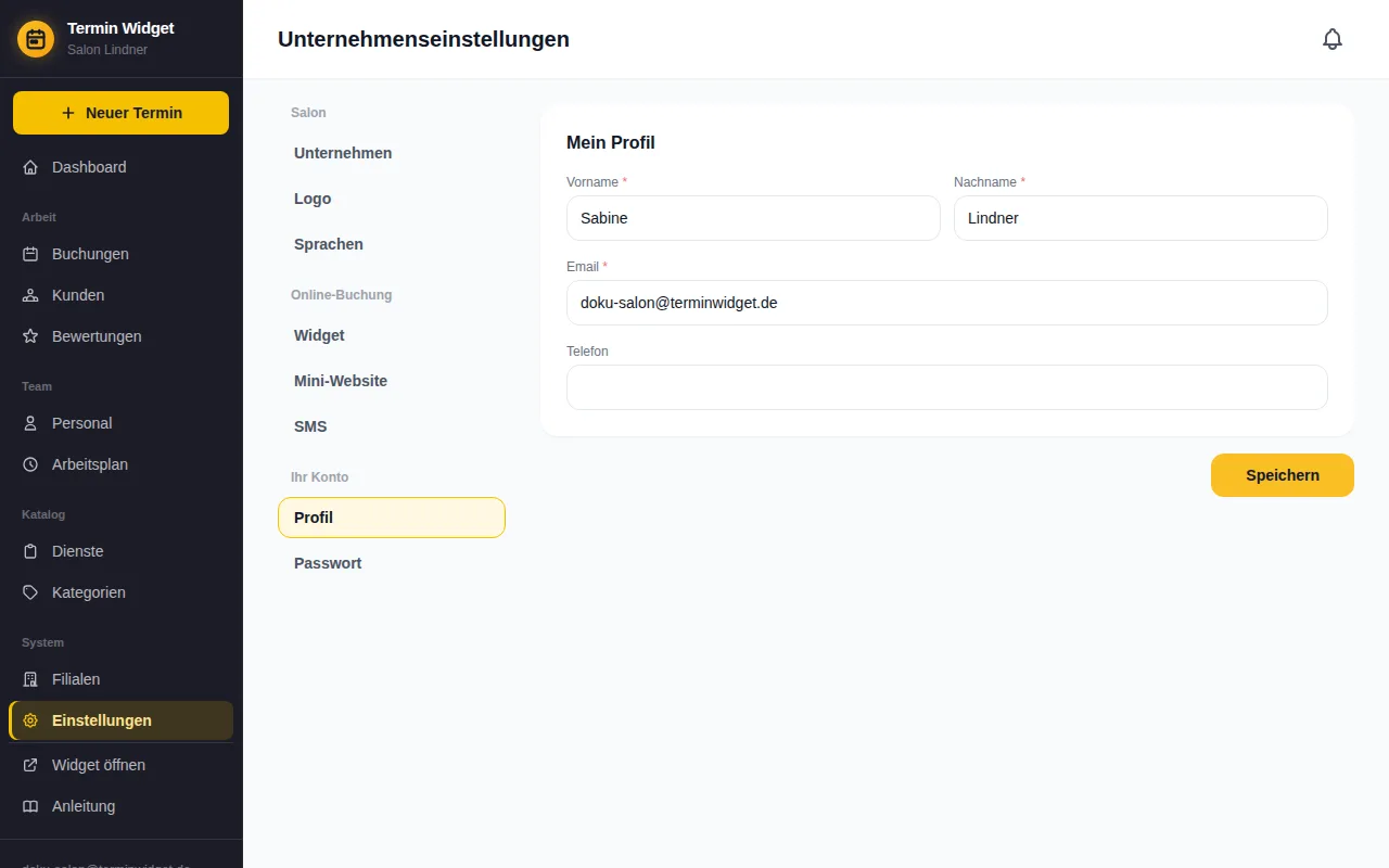 Eigenes Profil mit Name und E-Mail