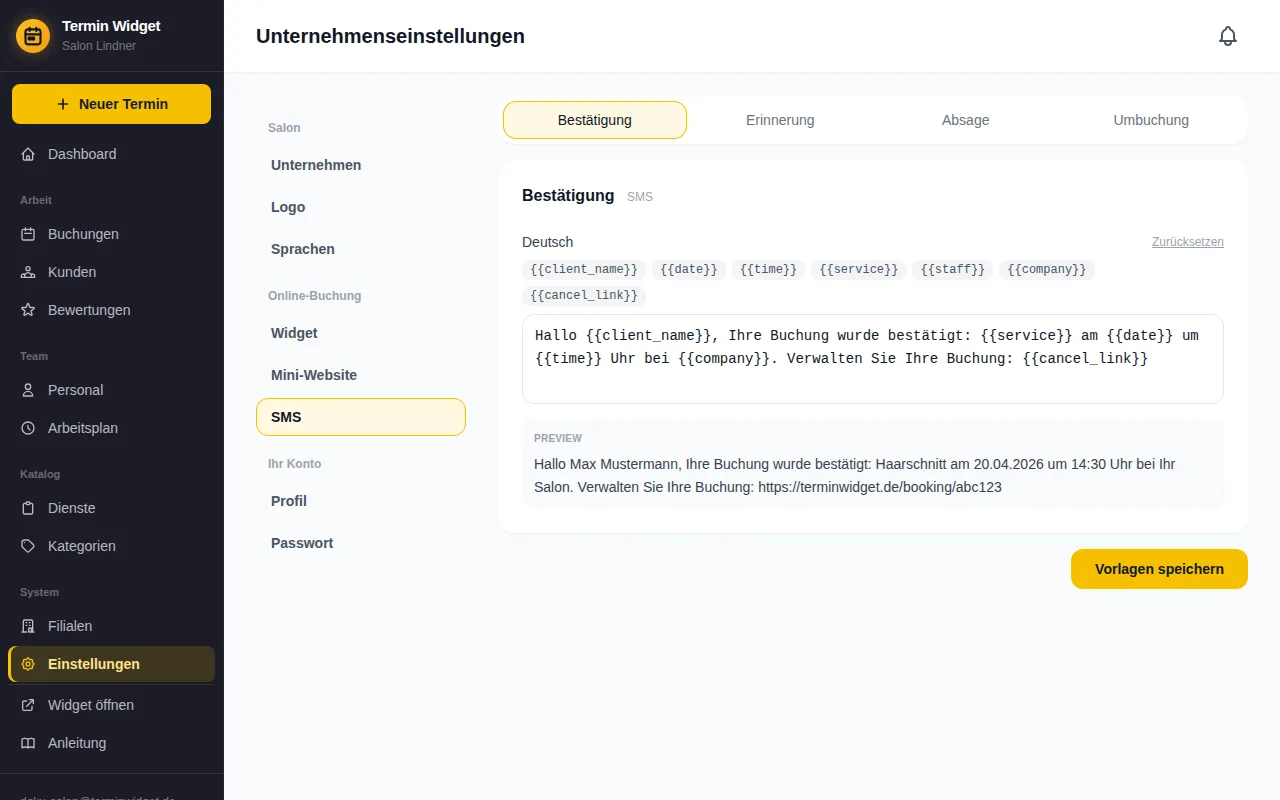 SMS-Vorlage für die Bestätigung mit Platzhaltern und Vorschau