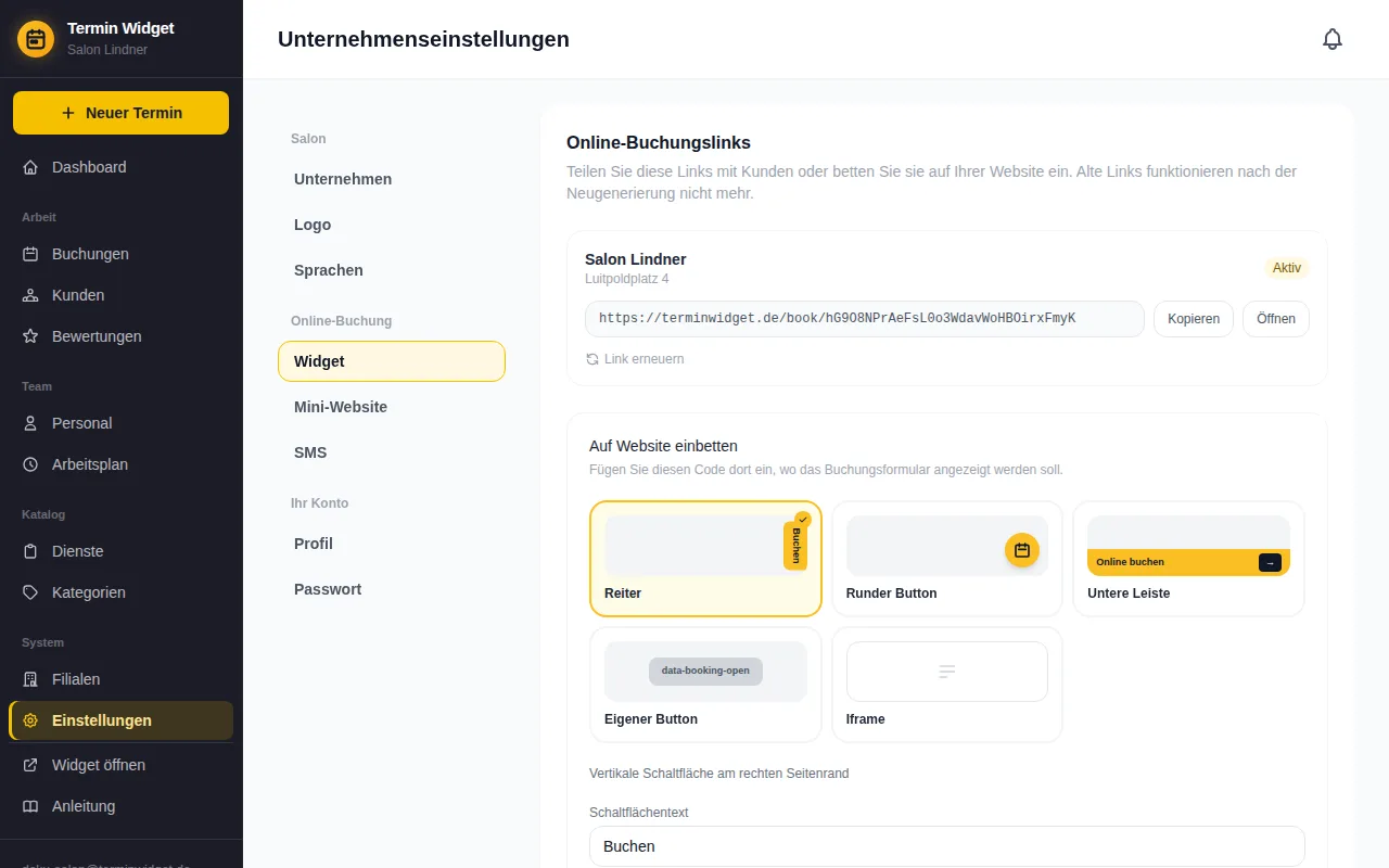 Widget-Einstellungen mit Buchungslink und Einbau-Varianten