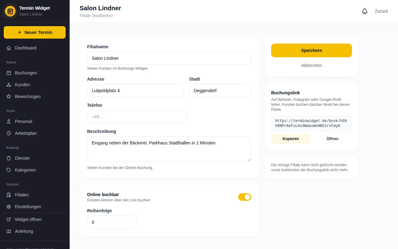 Formular Filiale bearbeiten mit Adresse und Beschreibung