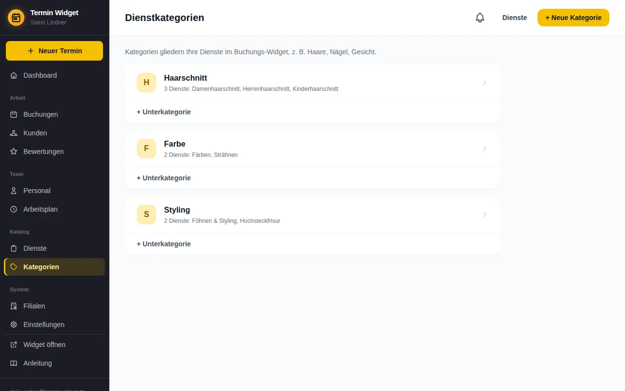 Liste der Dienstkategorien mit Unterkategorie-Knopf