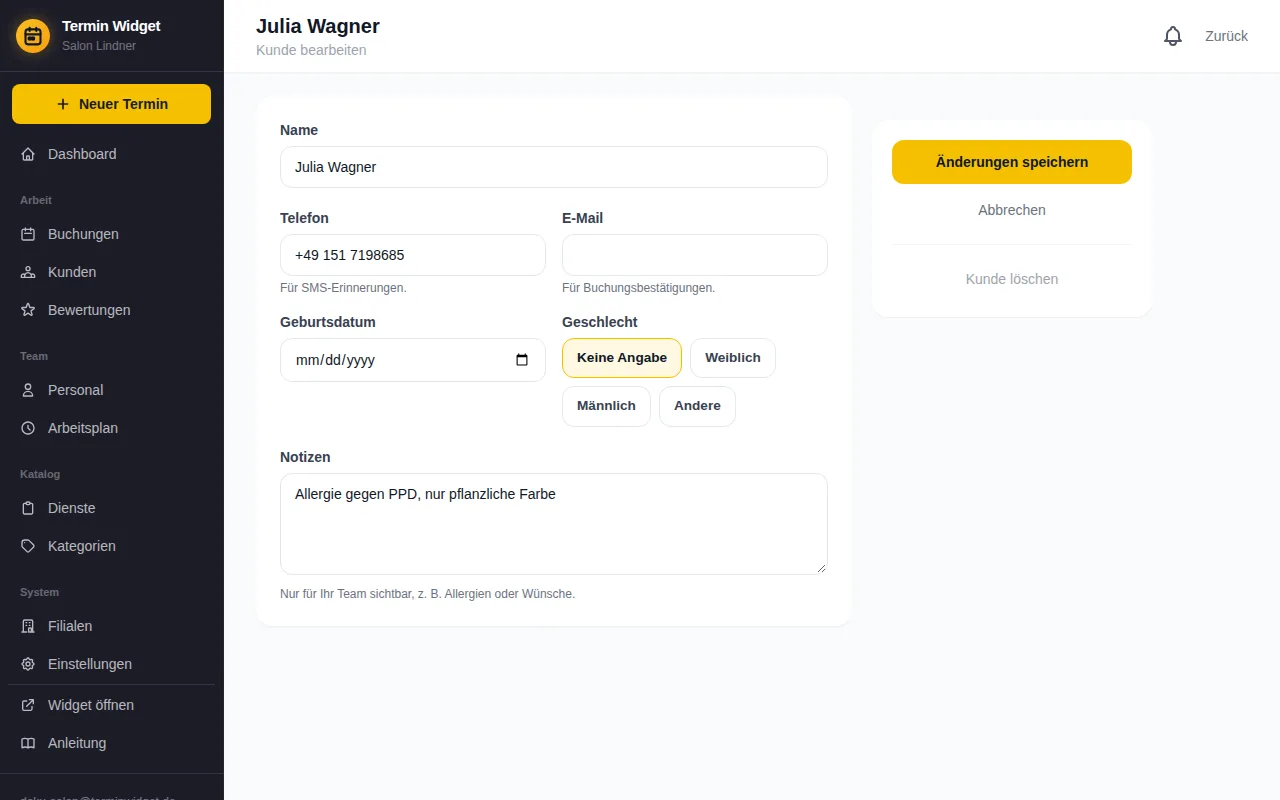 Formular Kunde bearbeiten mit Telefon, E-Mail und Notizen