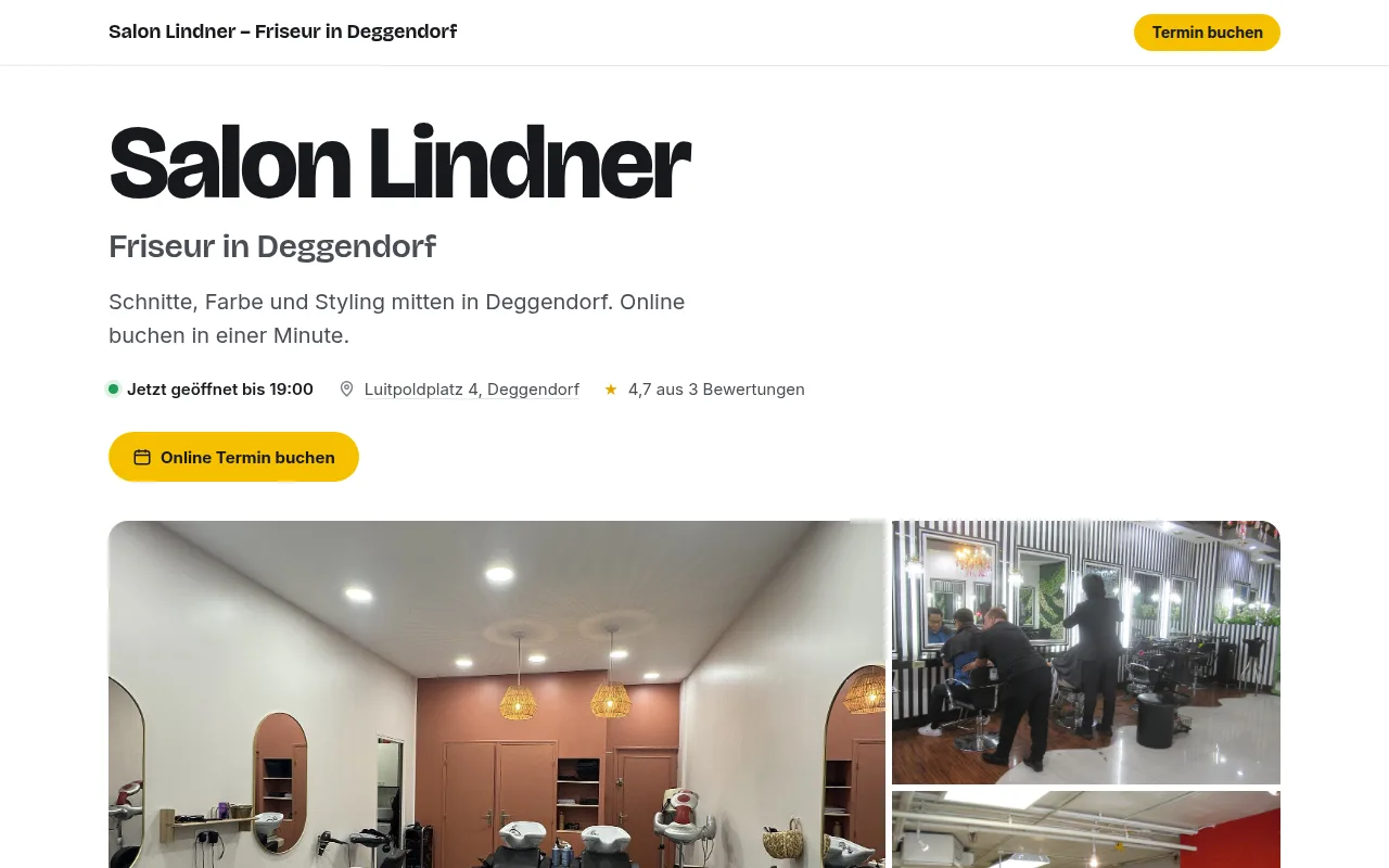 Mini-Website eines Salons mit Fotos und Buchungsknopf