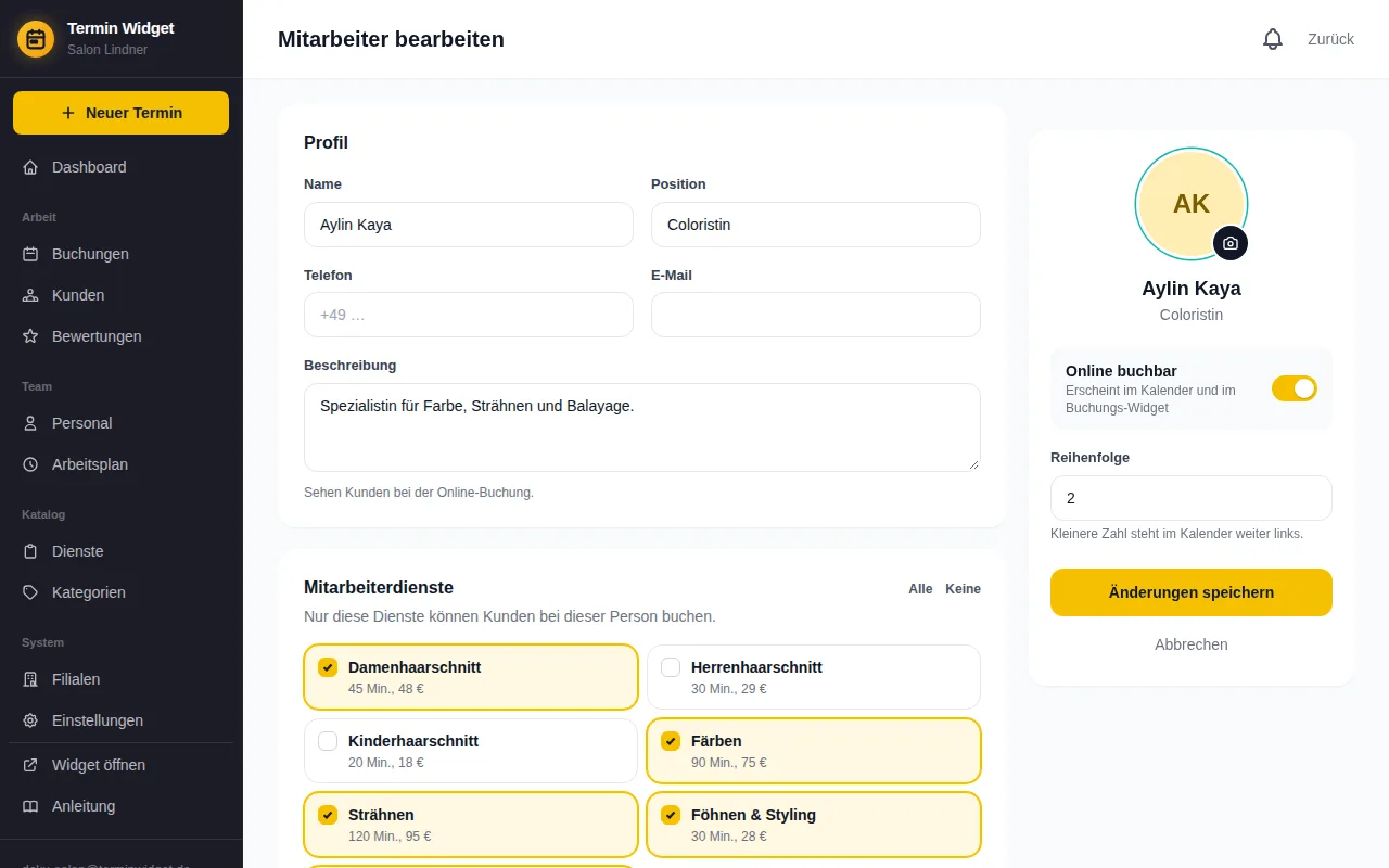 Formular Mitarbeiter bearbeiten mit Profil, Foto und Diensten