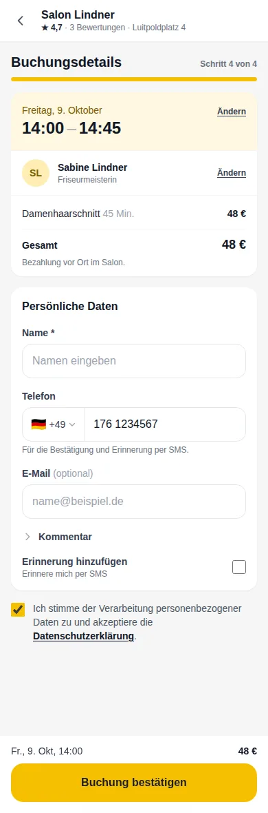 Buchungsdetails mit persönlichen Daten und Bestätigen-Knopf