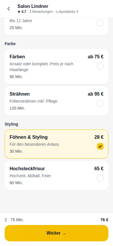 Dienstauswahl nach Kategorien mit Preisen