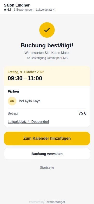 Bestätigungsseite nach der Buchung