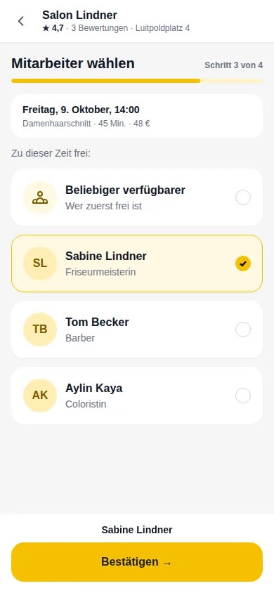 Auswahl der Mitarbeiter, die zur gewählten Zeit frei sind