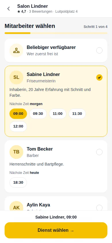 Mitarbeiterauswahl mit nächsten freien Zeiten