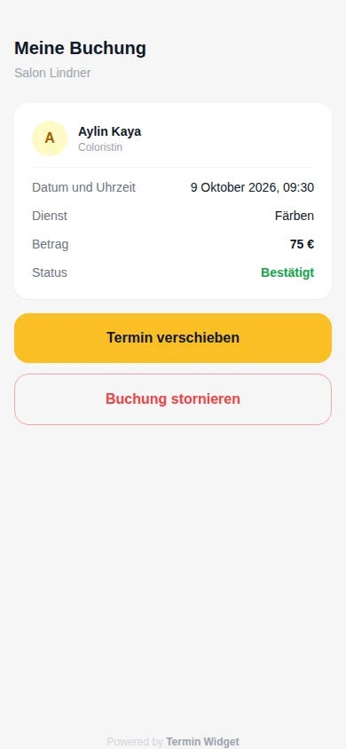 Seite Meine Buchung mit Verschieben und Stornieren